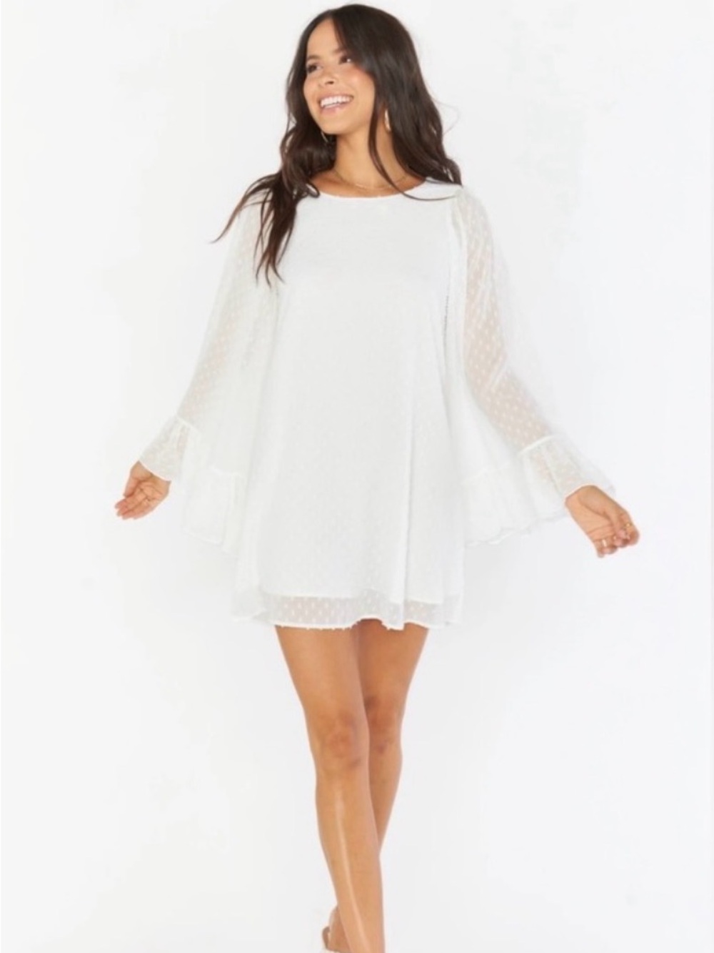 Show Me Your MuMu White Swiss Dot Bell Sleeve Mini